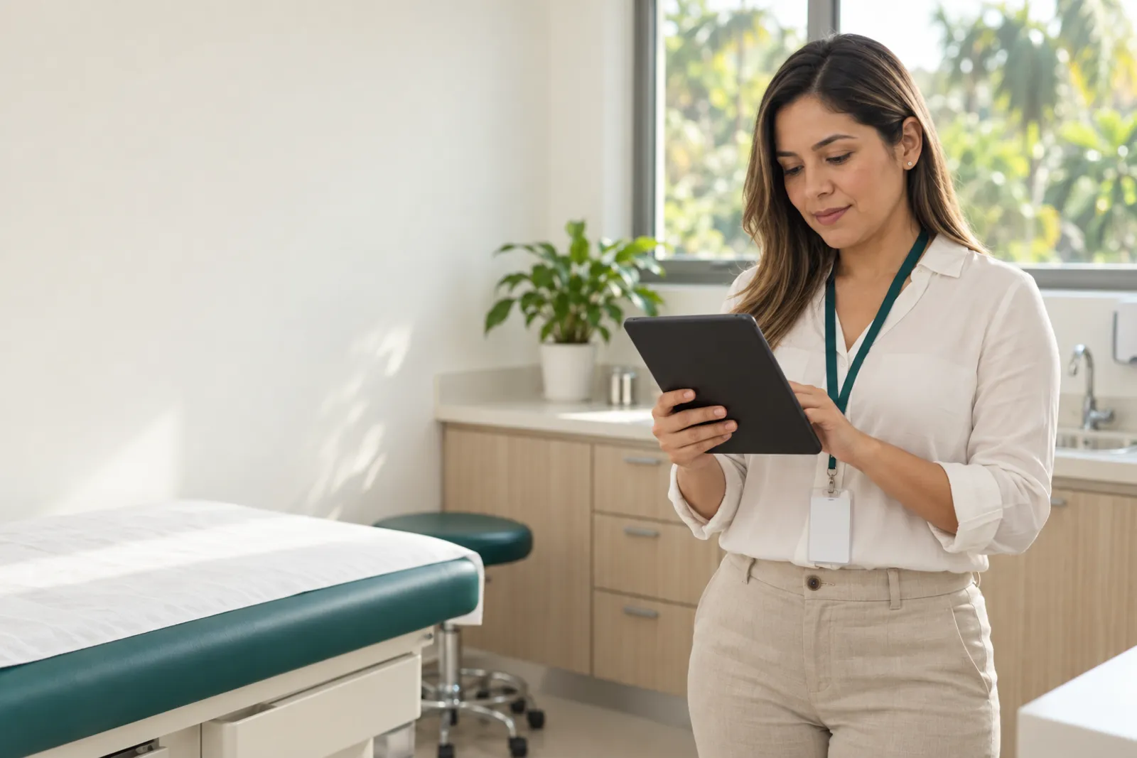 Consultora revisando en su tablet el expediente de un consultorio en Barranquilla